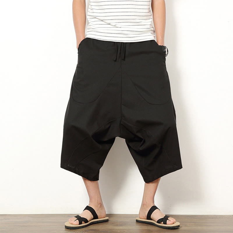 Buddha Stones Spring Plain Simple Patchwork Design Drawstring Cotton Linen Men's 7-8 Length Wide Leg Pants With Pockets - Black - US/UK/AU46,EU56 (5XL) - image 17