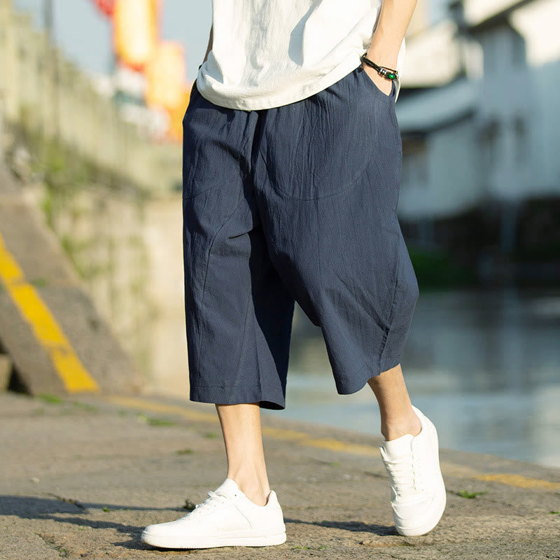 Buddha Stones Summer Plain Pleat Design Drawstring Men's 7-8 Length Cotton Linen Pants With Pockets - DarkSlateBlue - US/UK/AU46,EU56 (5XL) - image 12