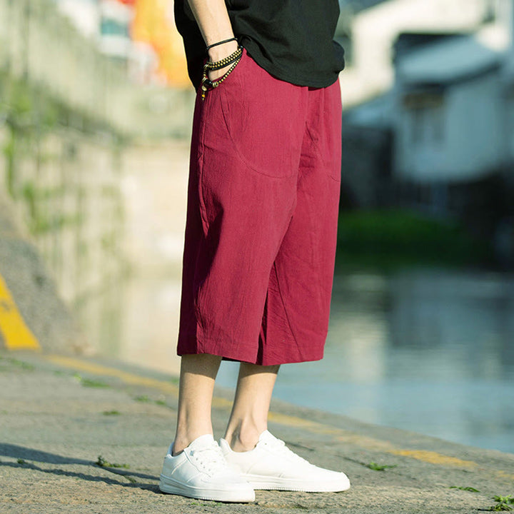 Buddha Stones Summer Plain Pleat Design Drawstring Men's 7-8 Length Cotton Linen Pants With Pockets - Crimson - US/UK/AU46,EU56 (5XL) - image 19