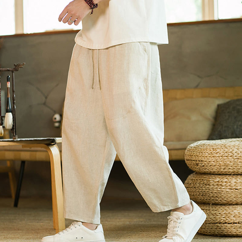 Buddha Stones Casual Retro Solid Color Simple Design Drawstring Men's Linen Elastic Waistband Harem Pants With Pockets - Beige - US/UK/AU46,EU56 (5XL) - image 0