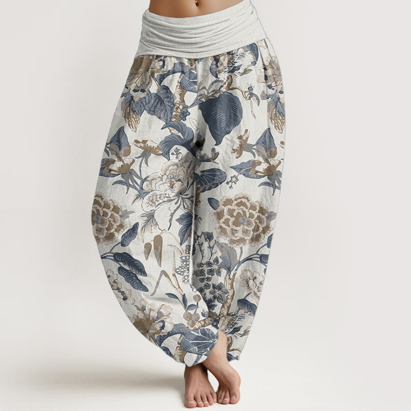 Buddha Stones Pure Cotton Lotus Leaf Peony Pattern Women's Elastic Waist Harem Pants - Ivory - US22,UK/AU26,EU54 (6XL) - image 1