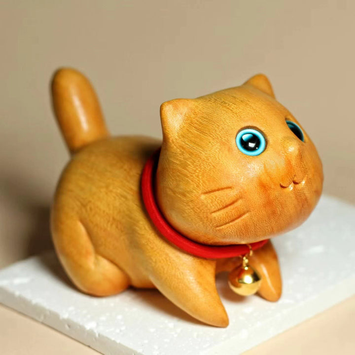 Buddha Stones Mini Sandalwood Carved Lucky Confident Cat Healing Decoration - 3.94*2.76*2.17 in (10*7*5.5 cm) - image 1