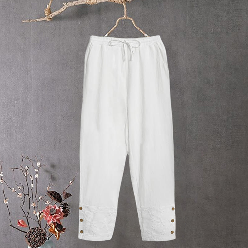 Buddha Stones White Lace Patchwork Design Women's Cotton Linen Pants With Pockets