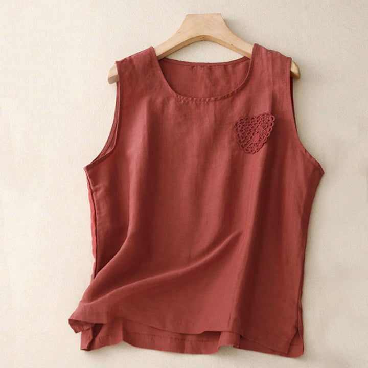 Buddha Stones Casual Pure Color Embroidery Patchwork Design Sleeveless Crew Neck Women's Cotton Linen Vest - FireBrick - US12,UK/AU16,EU44 (3XL) - image 11
