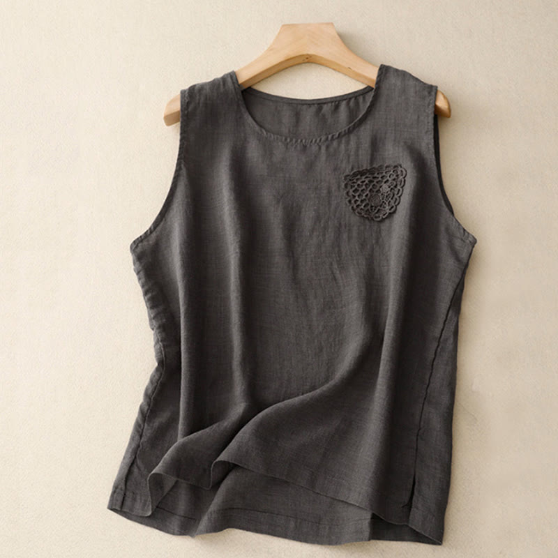 Buddha Stones Casual Pure Color Embroidery Patchwork Design Sleeveless Crew Neck Women's Cotton Linen Vest - DarkOliveGreen - US12,UK/AU16,EU44 (3XL) - image 15