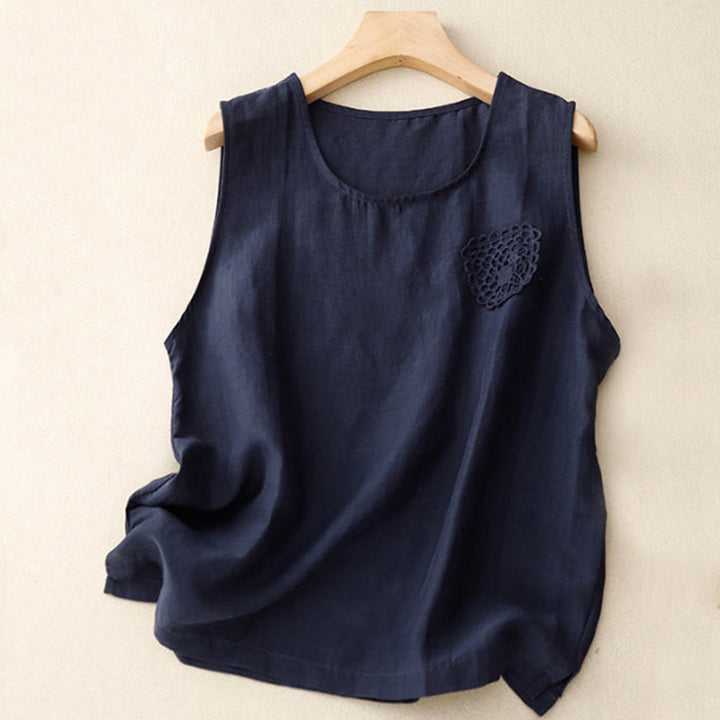 Buddha Stones Casual Pure Color Embroidery Patchwork Design Sleeveless Crew Neck Women's Cotton Linen Vest - MidnightBlue - US12,UK/AU16,EU44 (3XL) - image 7