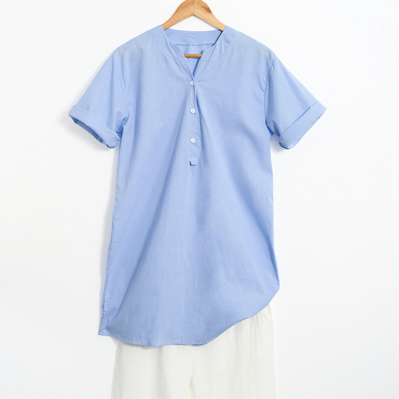 Buddha Stones Casual Plain Button Notched Collar Women's Short Sleeve Shirt - LightSteelBlue - US20,UK/AU24,EU52 (5XL) - image 5