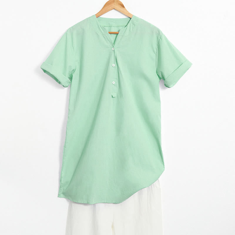 Buddha Stones Casual Plain Button Notched Collar Women's Short Sleeve Shirt - PaleGreen - US20,UK/AU24,EU52 (5XL) - image 25