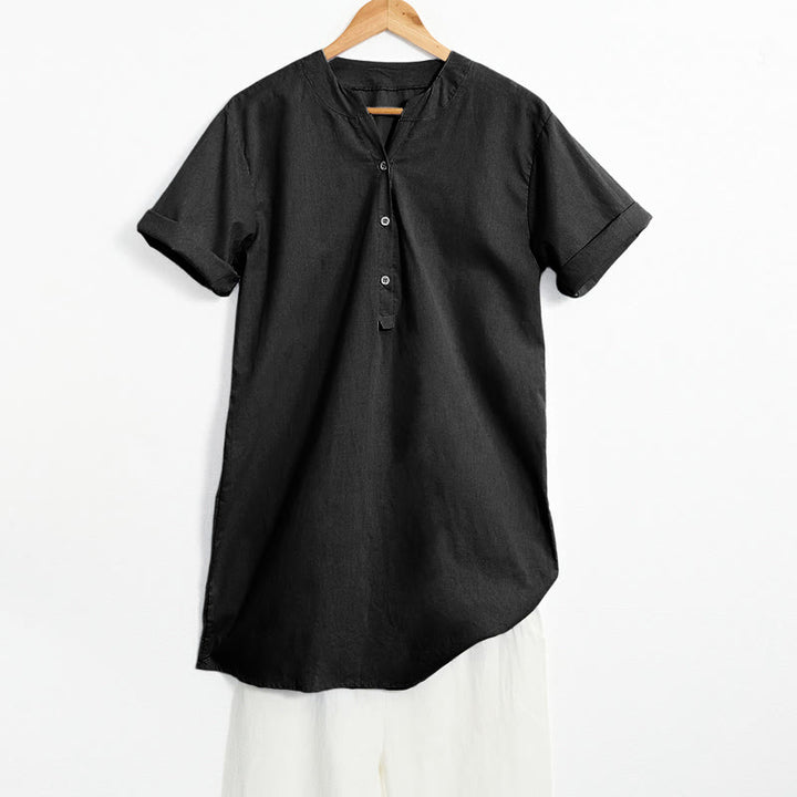 Buddha Stones Casual Plain Button Notched Collar Women's Short Sleeve Shirt - Black - US20,UK/AU24,EU52 (5XL) - image 50
