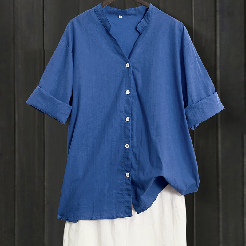 Buddha Stones Summer Casual Plain Breasted Notched Collar Short Sleeve Women's Cotton Linen Shirt - RoyalBlue - US20,UK/AU24,EU52 (5XL) - image 24