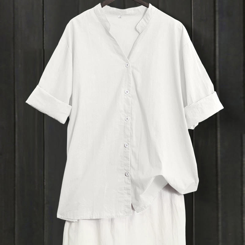 Buddha Stones Summer Casual Plain Breasted Notched Collar Short Sleeve Women's Cotton Linen Shirt - White - US20,UK/AU24,EU52 (5XL) - image 30