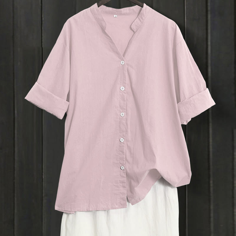 Buddha Stones Summer Casual Plain Breasted Notched Collar Short Sleeve Women's Cotton Linen Shirt - MistyRose - US20,UK/AU24,EU52 (5XL) - image 36