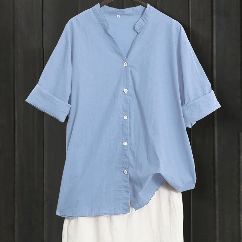 Buddha Stones Summer Casual Plain Breasted Notched Collar Short Sleeve Women's Cotton Linen Shirt - LightSteelBlue - US20,UK/AU24,EU52 (5XL) - image 60