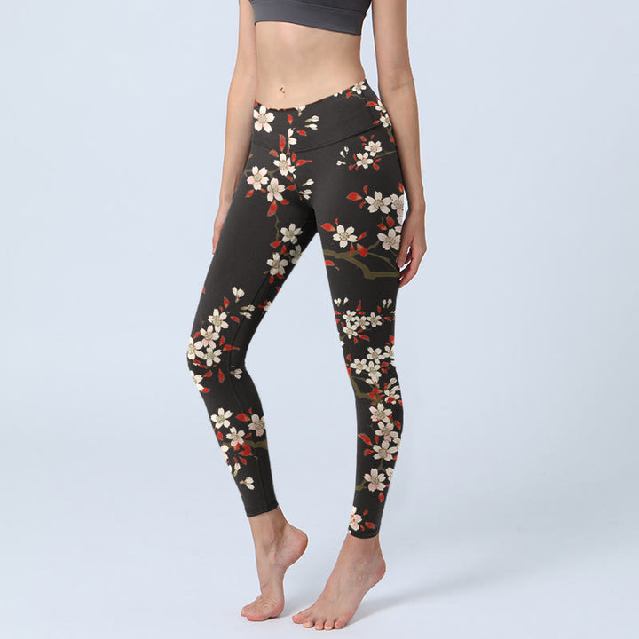 Buddha Stones White Cherry Blossoms Red Leaves Print Gym Leggings Women's Yoga Pants - Black - US18,UK/AU22,EU50 (4XL) - image 1