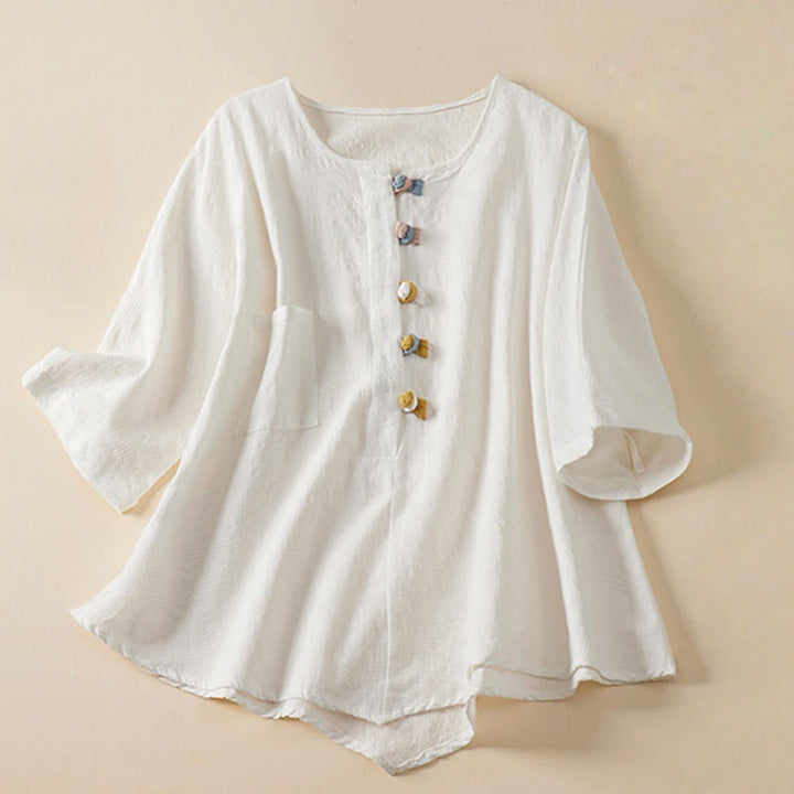 Buddha Stones Casual Flower Colorful Frog Button Half Sleeve Cotton Linen Women's Shirt - White - US8-10,UK/AU12-14,EU40-42 (2XL) - image 14