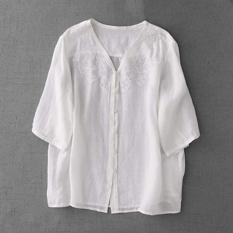 Buddha Stones Artistic Pure Color Embroiderd Front Button Design Women's Cotton Half Sleeve Shirt Cardigan - White - US12,UK/AU16,EU44 (2XL) - image 11