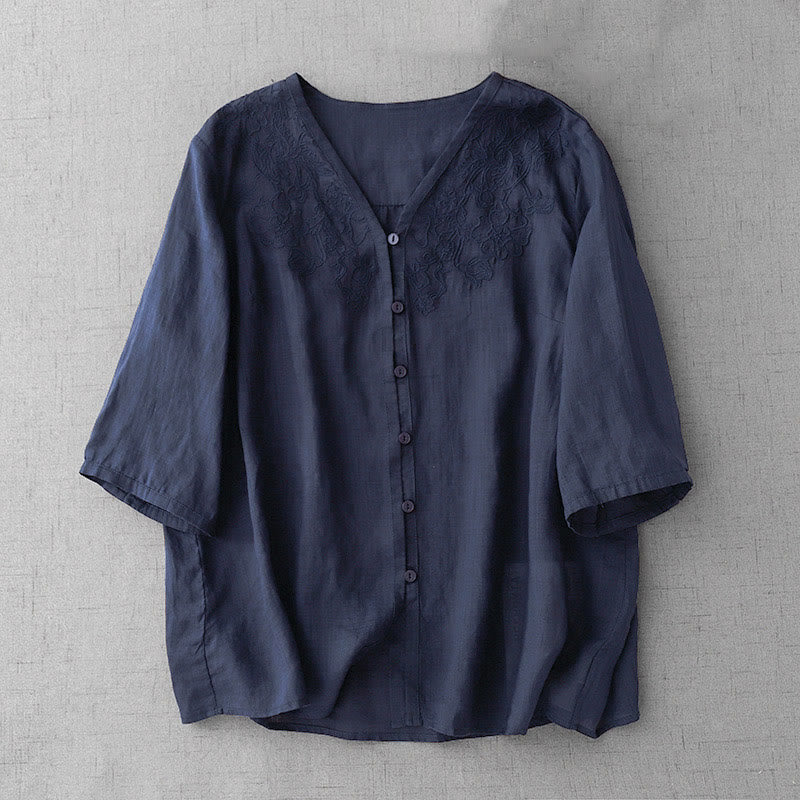 Buddha Stones Artistic Pure Color Embroiderd Front Button Design Women's Cotton Half Sleeve Shirt Cardigan - MidnightBlue - US12,UK/AU16,EU44 (2XL) - image 22
