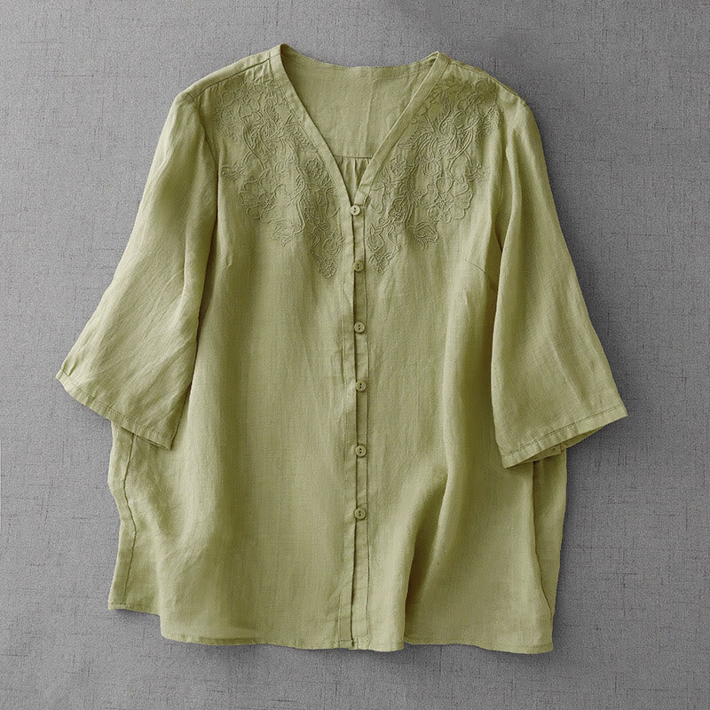 Buddha Stones Artistic Pure Color Embroiderd Front Button Design Women's Cotton Half Sleeve Shirt Cardigan - LightGreen - US12,UK/AU16,EU44 (2XL) - image 16