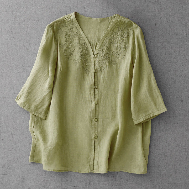 Buddha Stones Artistic Pure Color Embroiderd Front Button Design Women's Cotton Half Sleeve Shirt Cardigan - LightGreen - US12,UK/AU16,EU44 (2XL) - image 16