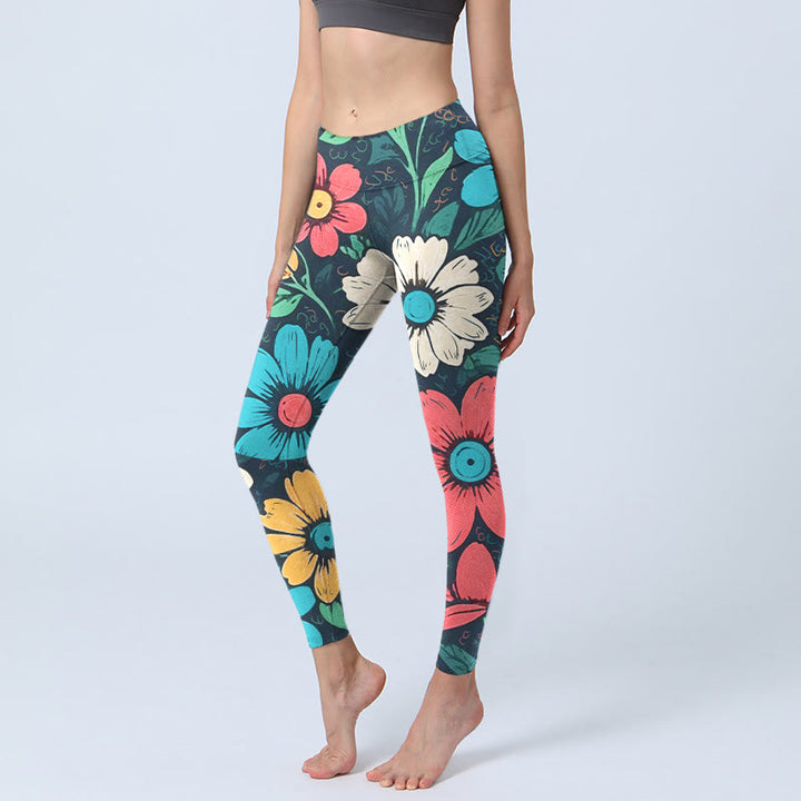 Buddha Stones Colorful Flower Pattern Print Gym Leggings Women's Yoga Pants - Black - US18,UK/AU22,EU50 (4XL) - image 1