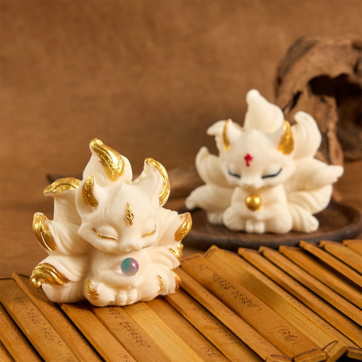 Buddha Stones Small Nine Tailed Fox Carved Ivory Fruit Support Home Decoration