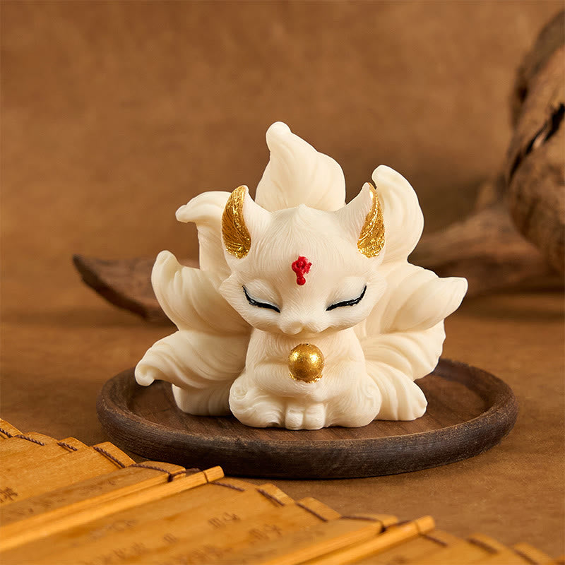 Buddha Stones Small Nine Tailed Fox Carved Ivory Fruit Support Home Decoration
