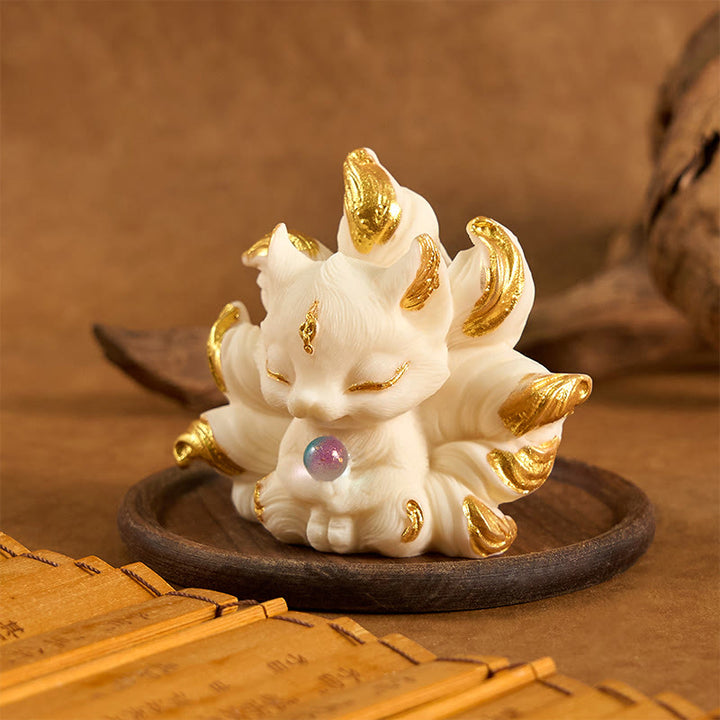 Buddha Stones Small Nine Tailed Fox Carved Ivory Fruit Support Home Decoration