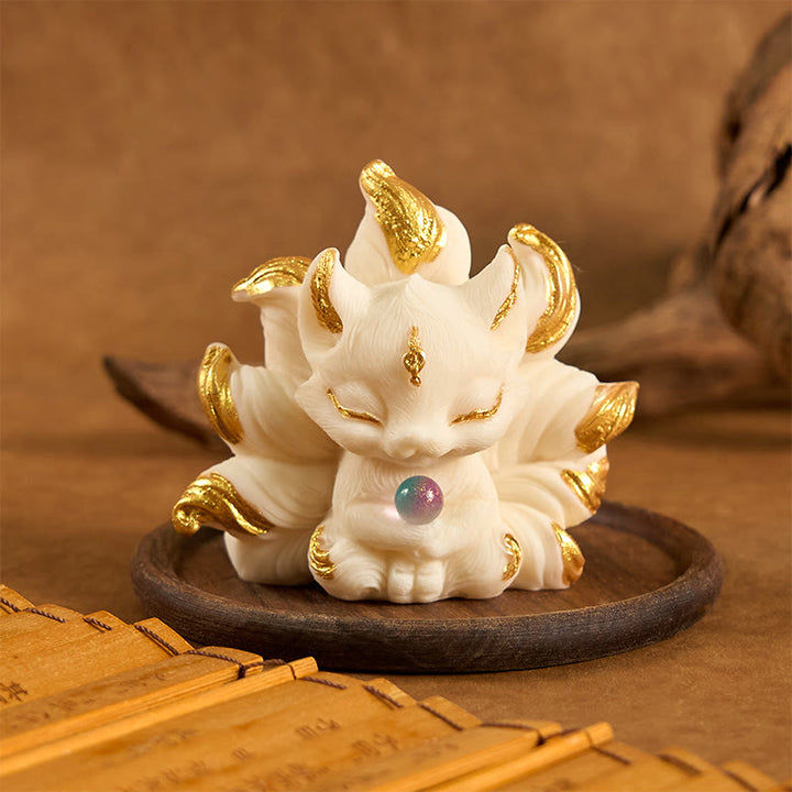 Buddha Stones Small Nine Tailed Fox Carved Ivory Fruit Support Home Decoration