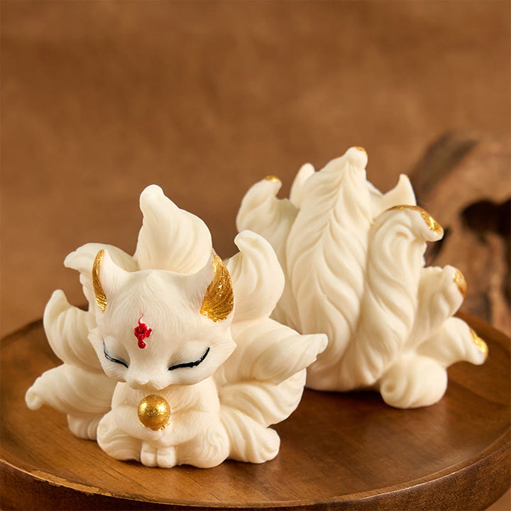 Buddha Stones Small Nine Tailed Fox Carved Ivory Fruit Support Home Decoration