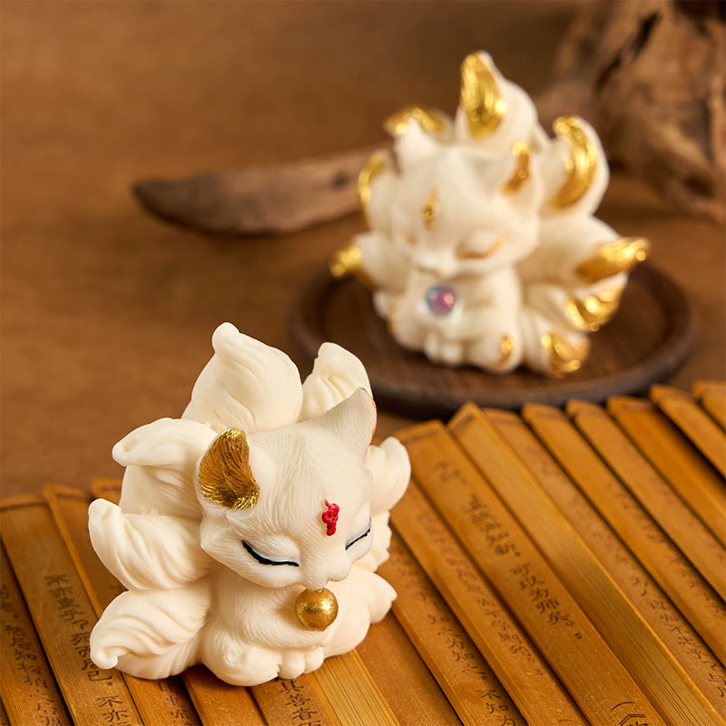 Buddha Stones Small Nine Tailed Fox Carved Ivory Fruit Support Home Decoration