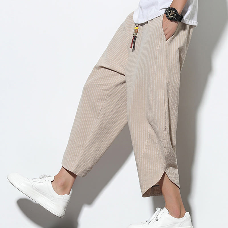 Buddha Stones Summer Stripes Pattern Drawstring Cotton Linen Men's 7-8 Length Harem Pants With Pockets - AntiqueWhite - US/UK/AU46,EU56 (5XL) - image 0