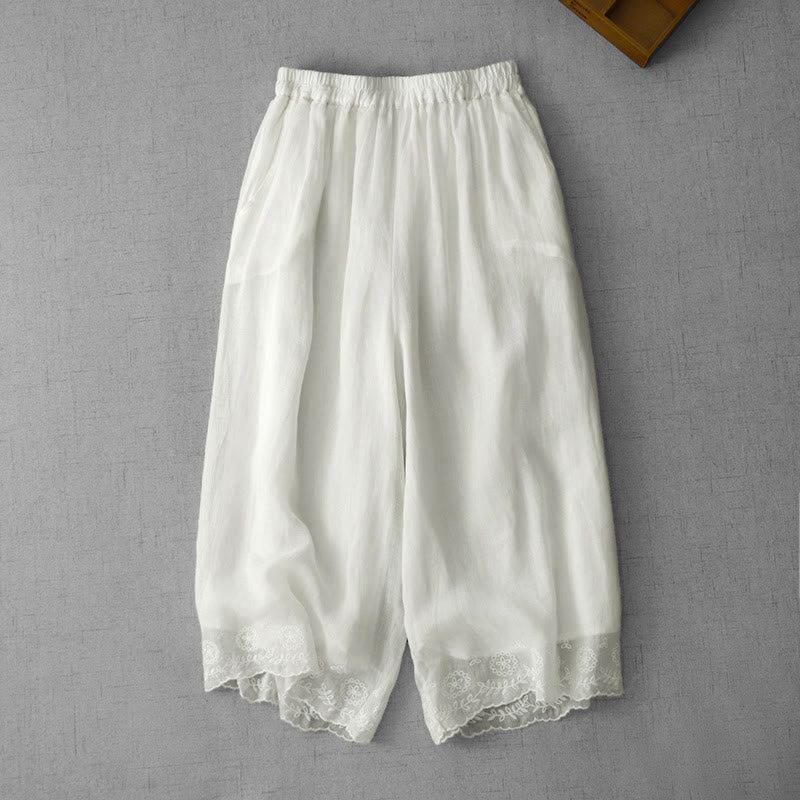 Buddha Stones Commute Solid Color Lace Embroidery Design Cotton Women's Wide Leg Cropped Pants With Pockets - White - US8-10,UK/AU12-14,EU40-42 (2XL) - image 0