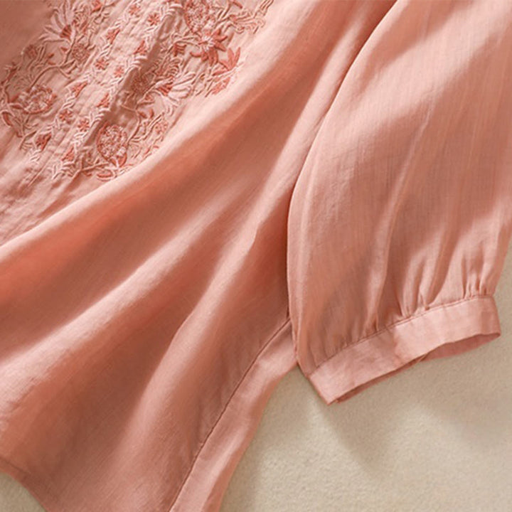 Buddha Stones Embroiderd Design Women's Cotton Linen Three Quarter Sleeve Shirt