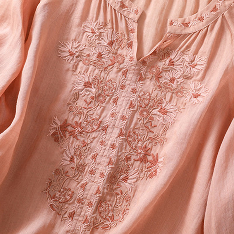 Buddha Stones Embroiderd Design Women's Cotton Linen Three Quarter Sleeve Shirt