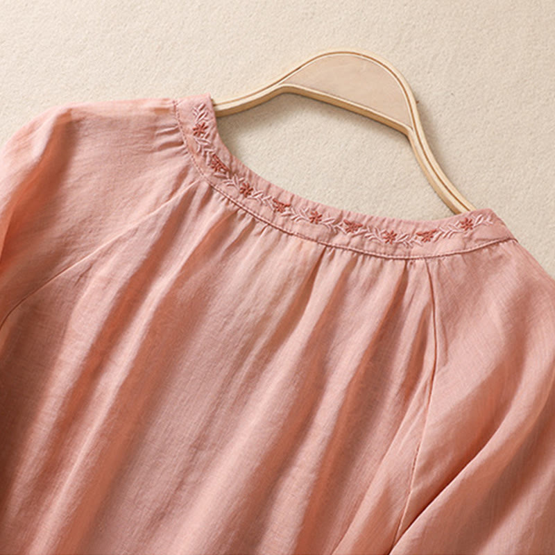 Buddha Stones Embroiderd Design Women's Cotton Linen Three Quarter Sleeve Shirt