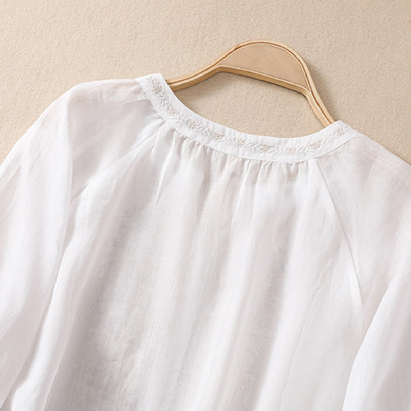 Buddha Stones Embroiderd Design Women's Cotton Linen Three Quarter Sleeve Shirt