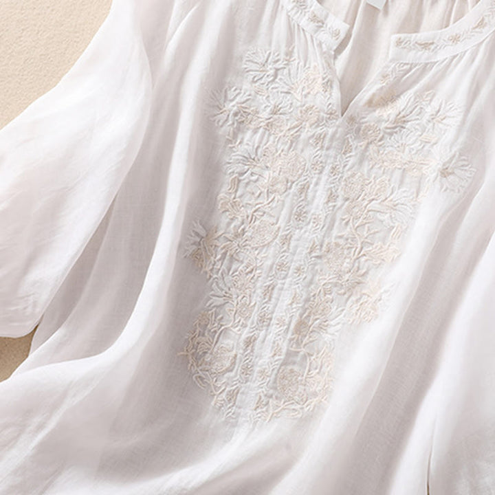 Buddha Stones Embroiderd Design Women's Cotton Linen Three Quarter Sleeve Shirt