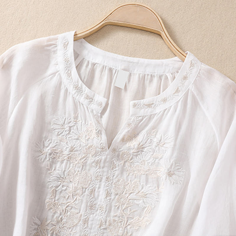 Buddha Stones Embroiderd Design Women's Cotton Linen Three Quarter Sleeve Shirt