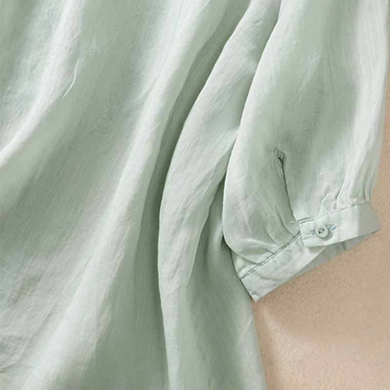 Buddha Stones Embroiderd Design Women's Cotton Linen Three Quarter Sleeve Shirt