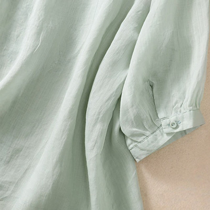 Buddha Stones Embroiderd Design Women's Cotton Linen Three Quarter Sleeve Shirt