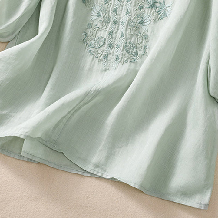 Buddha Stones Embroiderd Design Women's Cotton Linen Three Quarter Sleeve Shirt