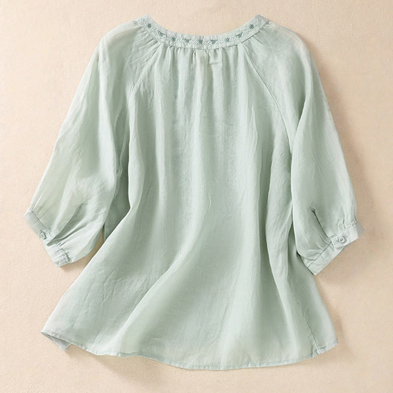 Buddha Stones Embroiderd Design Women's Cotton Linen Three Quarter Sleeve Shirt