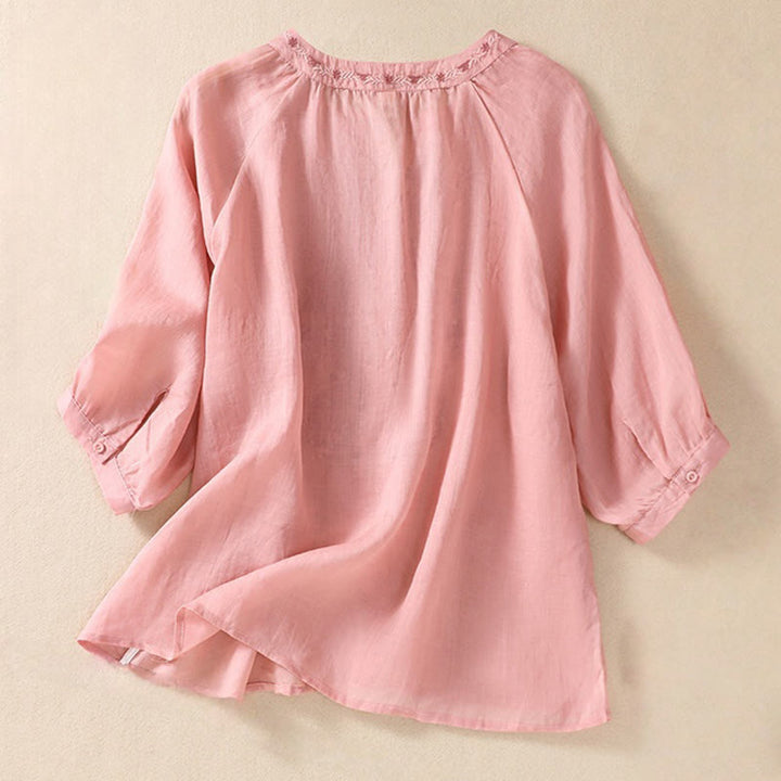 Buddha Stones Embroiderd Design Women's Cotton Linen Three Quarter Sleeve Shirt