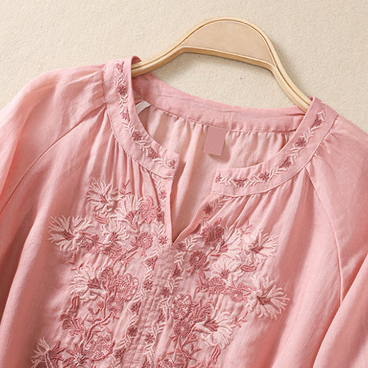 Buddha Stones Embroiderd Design Women's Cotton Linen Three Quarter Sleeve Shirt