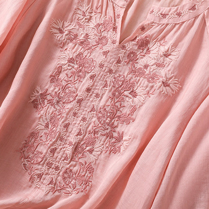 Buddha Stones Embroiderd Design Women's Cotton Linen Three Quarter Sleeve Shirt