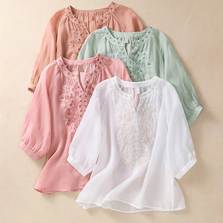 Buddha Stones Embroiderd Design Women's Cotton Linen Three Quarter Sleeve Shirt