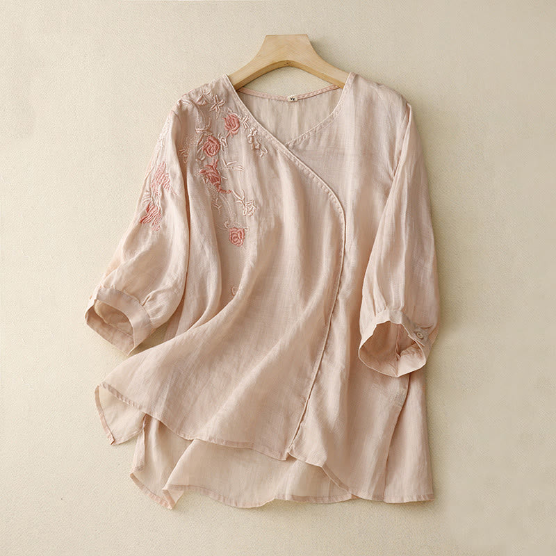 Buddha Stones Rose Vine Embroidery Design Women's Cotton Linen Three Quarter Sleeve Shirt - LavenderBlush - US12,UK/AU16,EU44 (2XL) - image 0