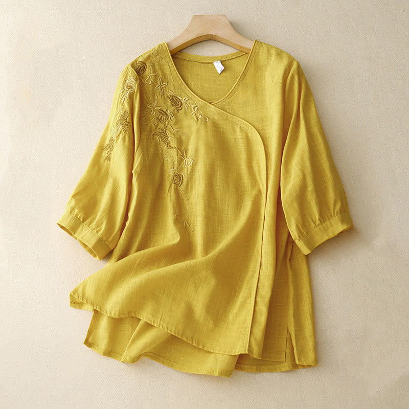 Buddha Stones Rose Vine Embroidery Design Women's Cotton Linen Three Quarter Sleeve Shirt - Yellow - US12,UK/AU16,EU44 (2XL) - image 11