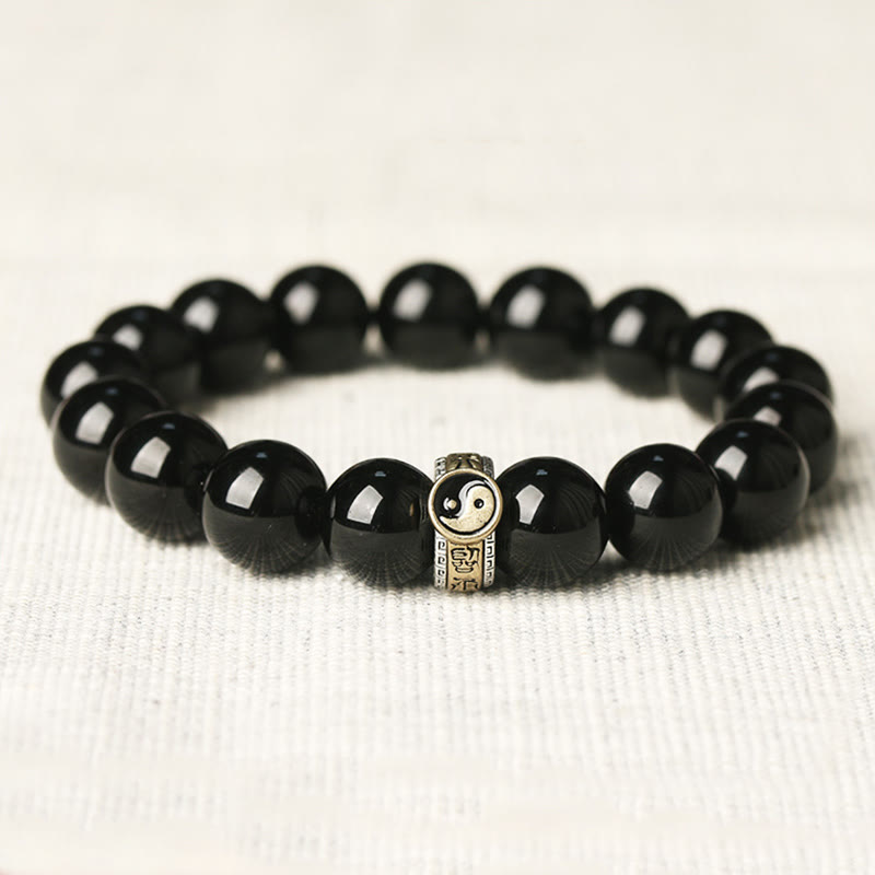 Buddha Stones Black Obsidian Yin Yang Nine-Character Mantra Fulfilment Bracelet