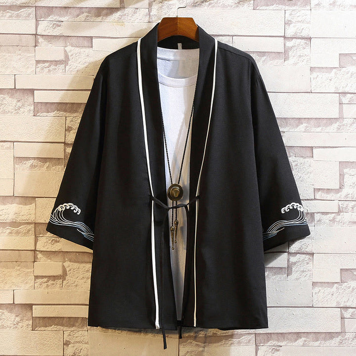Buddha Stones Embroidery Dragon Phoenix Auspicious Cloud Waves Leaves Cranes Open Front Jacket Men's Kimono - Ocean Waves-Black - US/UK/AU46,EU56 (5XL) - image 37